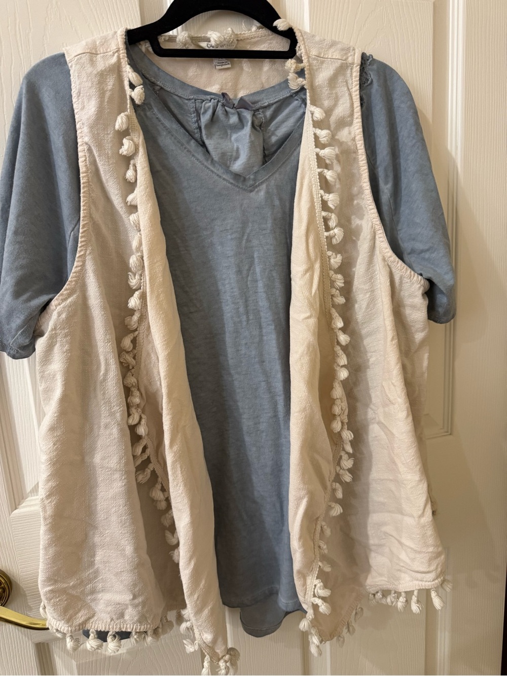 CATO Cream Tassel-Trim Vest with Light Blue Tee